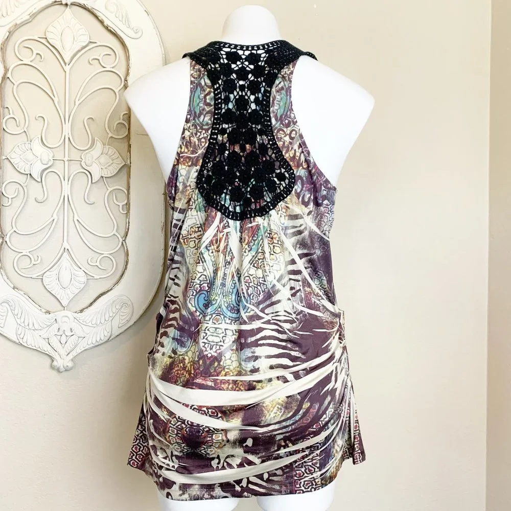 Live and Let Live | Women's Multicolor Black Lace Boho Tank Top | Size: L - Picture 6 of 8